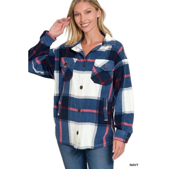 Zenana Oversized Plaid Fleece Shacket - Picture 1 of 2